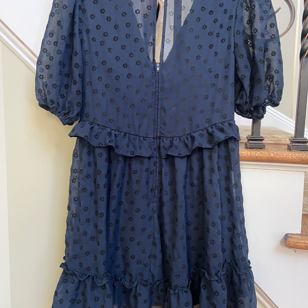 B. Darlin Women's Navy Ruffled Zippered Lined Floral Pouf Sleeve V Neck Dress - Picture 2 of 8